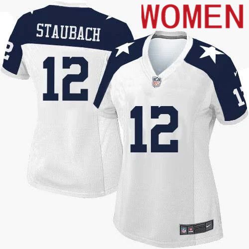 Women Dallas Cowboys 12 Roger Staubach Nike White Alternate Throwback Game NFL Jersey